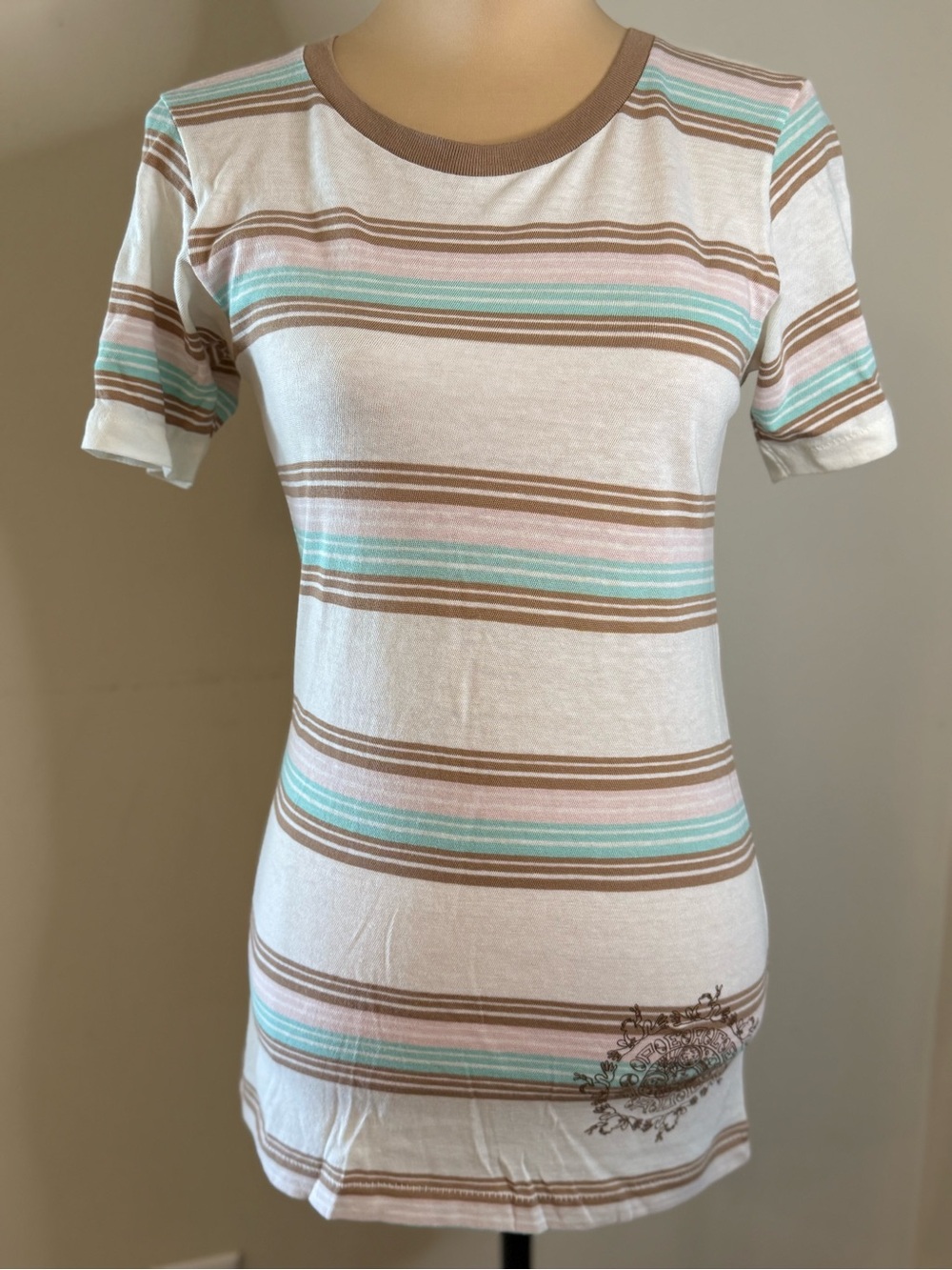 Peace Frogs striped short sleeve tee brown teal pink white SZ M